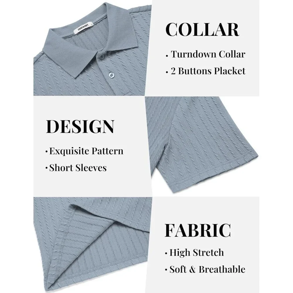 Men's Gray Blue Polo Textured Knit Button Casual Short Sleeve Imported Shirts_6